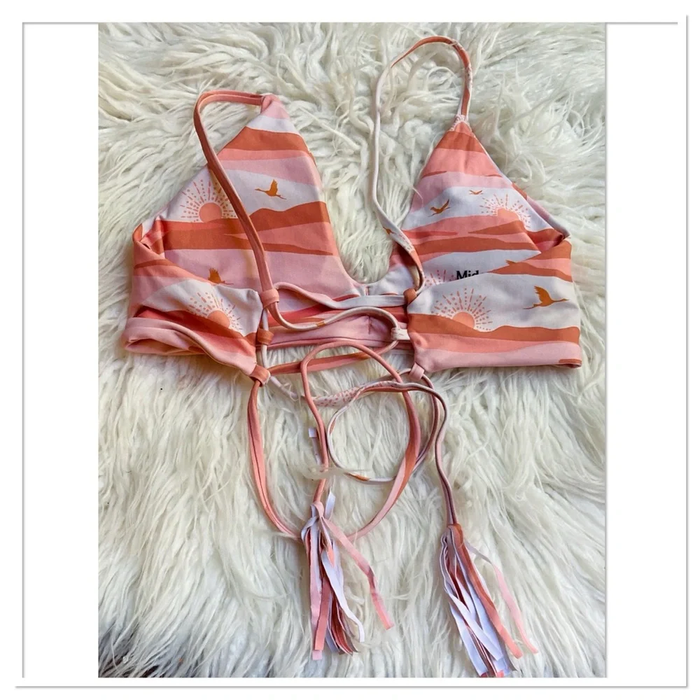Midori Mia Bikini Swimsuit Top In Dune Print Birds Sun Pink Coral Size Large